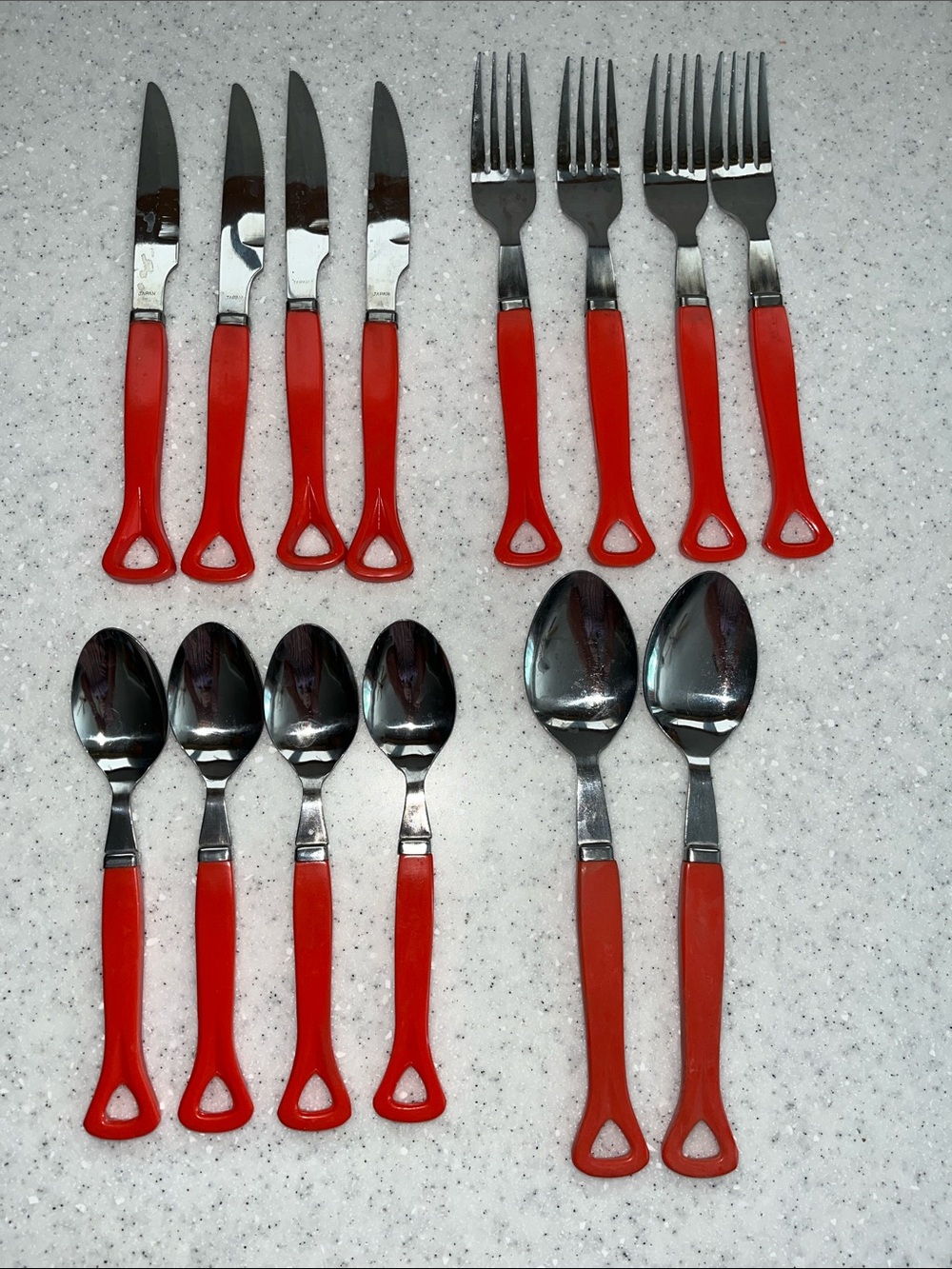 Vtg IIC Stainless Japan Red Handle Flatware 4 Settings 2 Serving Spoons *READ*